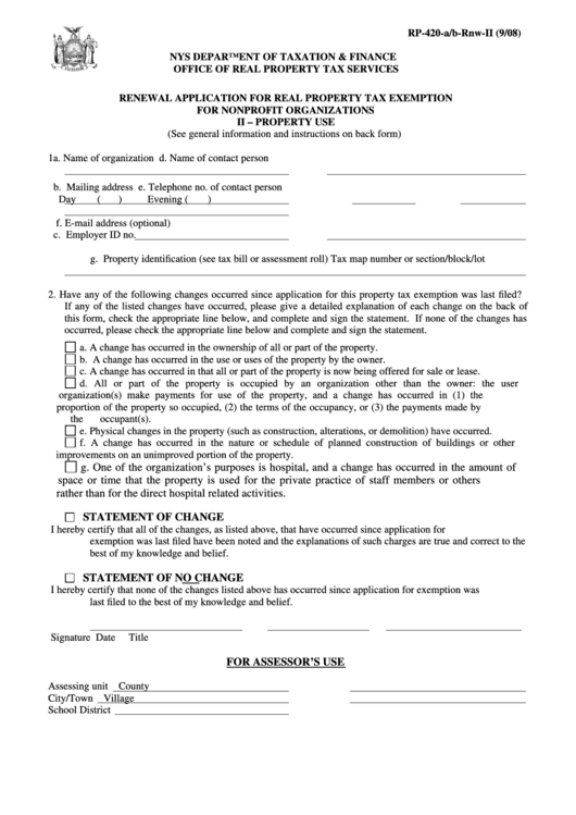 Form Rp-420-A/b-Rnw-Ii - Renewal Application For Real Property Tax Exemption For Nonprofit Organizations Ii - Property Use - 2008 Printable pdf