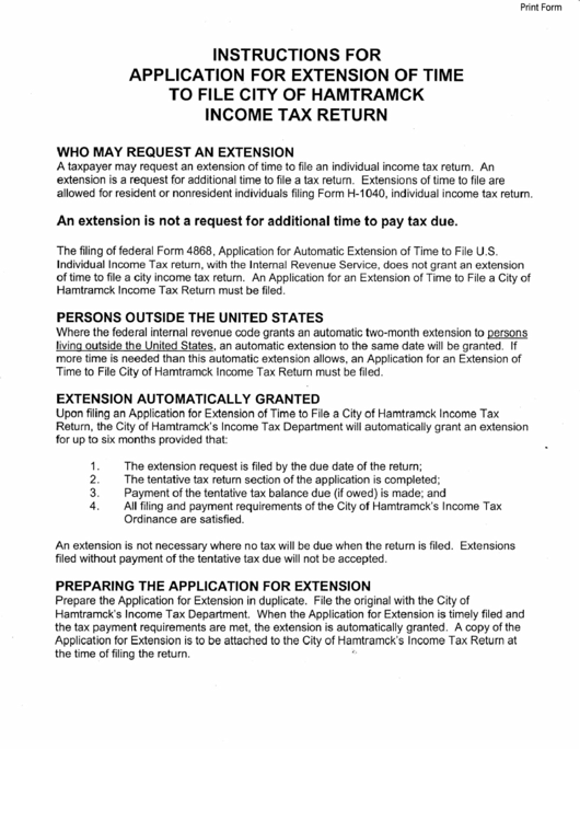 Instructions For Application For Extension Of Time To File City Of