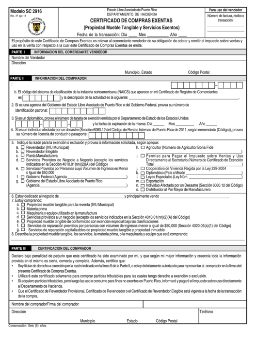 Modelo Sc 2916 - Certificado De Compras Exentas - Estado Libre Asociado De Puerto Rico Printable pdf