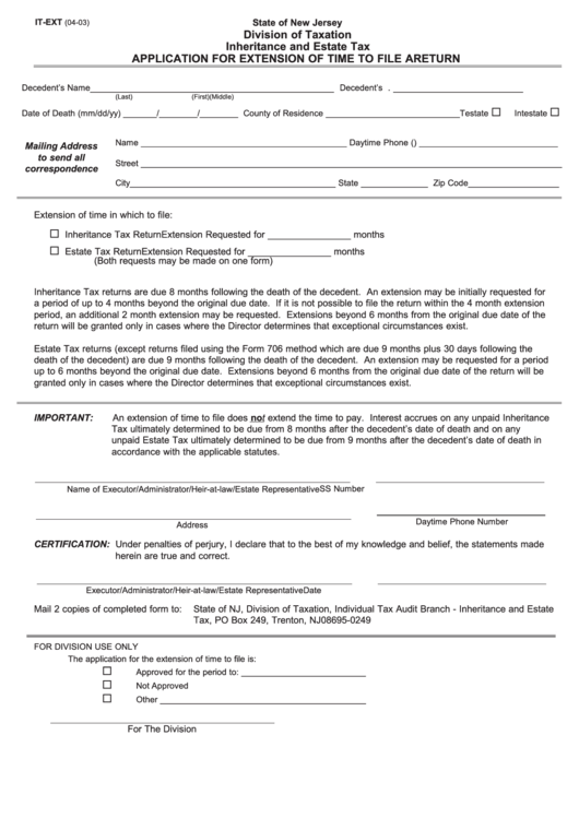 Fillable Form It-Ext - Inheritance And Estate Tax Application For Extension Of Time To File A Return - State Of New Jersey Printable pdf