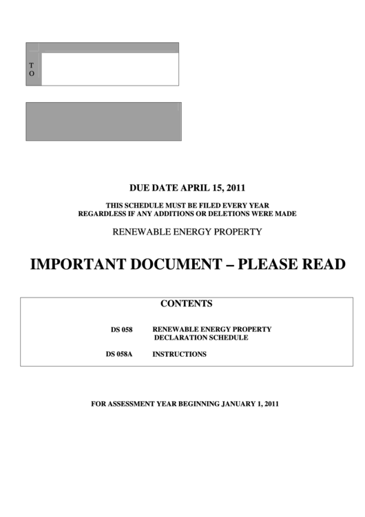 Fillable Form Ds 058a-08-11 - Renewable Energy Property Declaration Schedule - 2011 Printable pdf