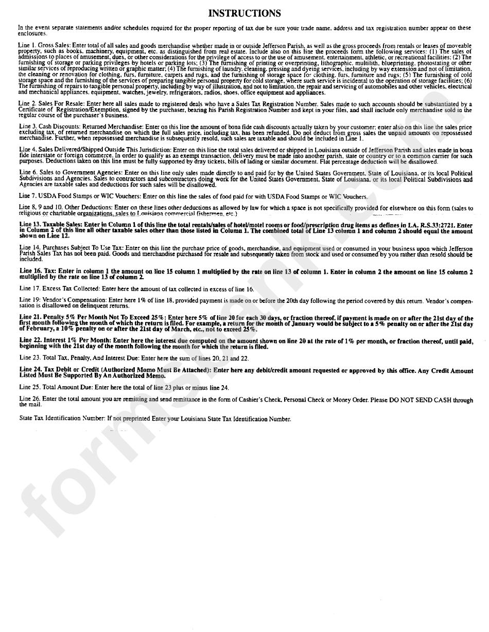 Sales And Use Tax Return Instructions Jefferson Parish printable pdf