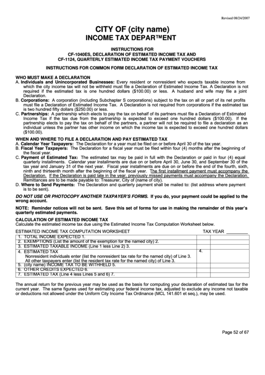 Instructions For Common Form Declaration Of Estimated Income Tax Printable pdf