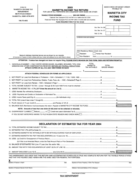 Form Fr - Marietta Income Tax Return - 2003 Printable pdf