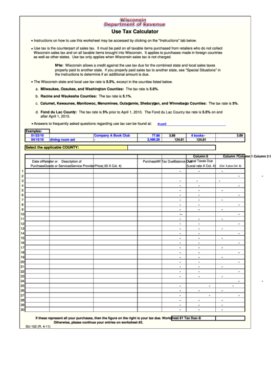 Form Su-102 - Use Tax Calculator - Wisconsin Departmentf Of Revenue Printable pdf