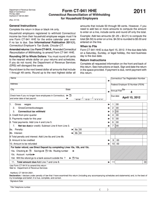 Form Ct-941 Hhe - Connecticut Reconciliation Of Withholding For Household Employers - 2011 Printable pdf