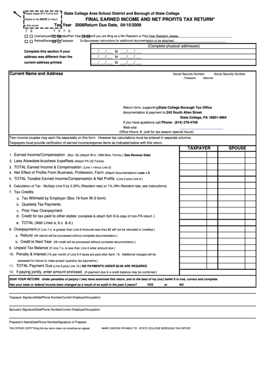 Final Earned Income And Net Profits Tax Return - 2008 printable pdf ...