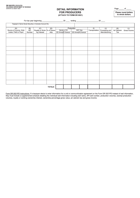 Form Dr 0021pd - Attach To Form Dr 0021 - Detail Information For Producers Printable pdf