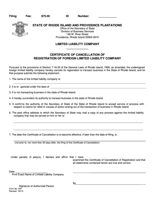 Fillable Form 452 - Certificate Of Cancellation Of Registration Of Foreign Limited Liability Company - 2012 Printable pdf