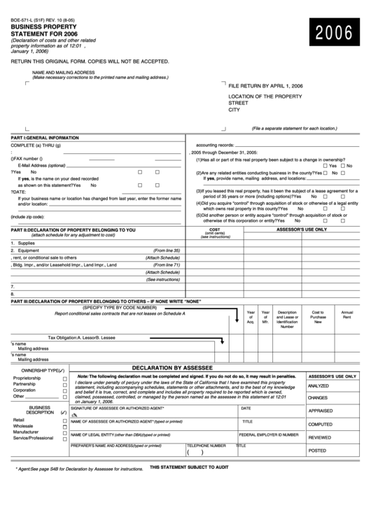 Fillable Form Boe-571-L - Business Property Statement For 2006 Printable pdf