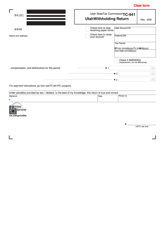 Fillable Form Tc-941 - Utah Withholding Return Printable pdf