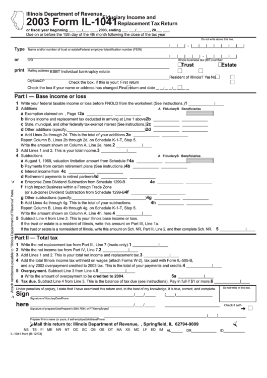 Form Il-1041 - Fiduciary Income And Replacement Tax Return - 2003 Printable pdf