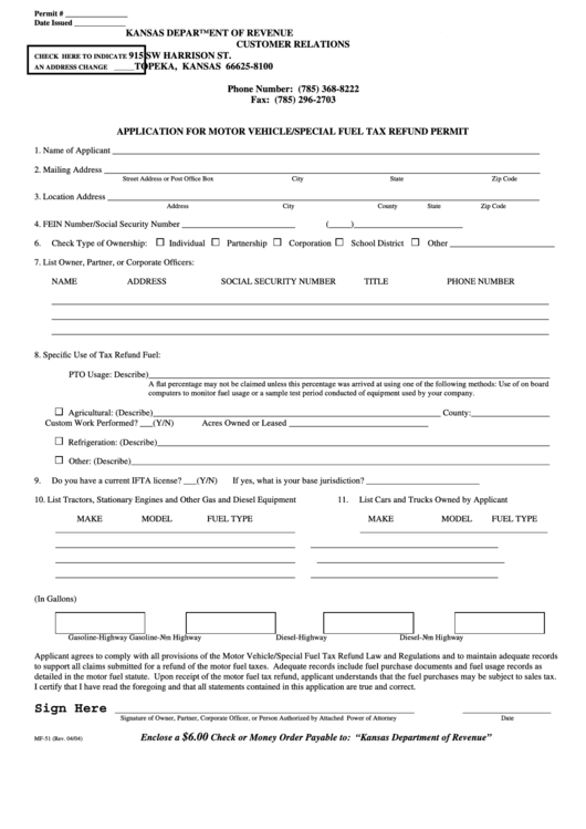 Form Mf-51 - Application For Motor Vehicle/special Fuel Tax Refund Permit Printable pdf