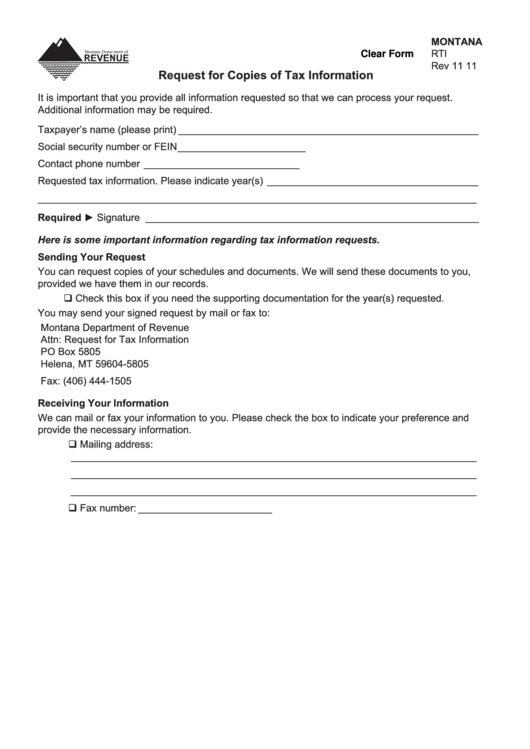 Fillable Form Rti - Request For Copies Of Tax Information - Montana Department Of Revenue Printable pdf
