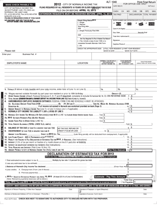 Fillable Form Ncty-1040 - City Of Norwalk Income Tax - 2012 Printable pdf