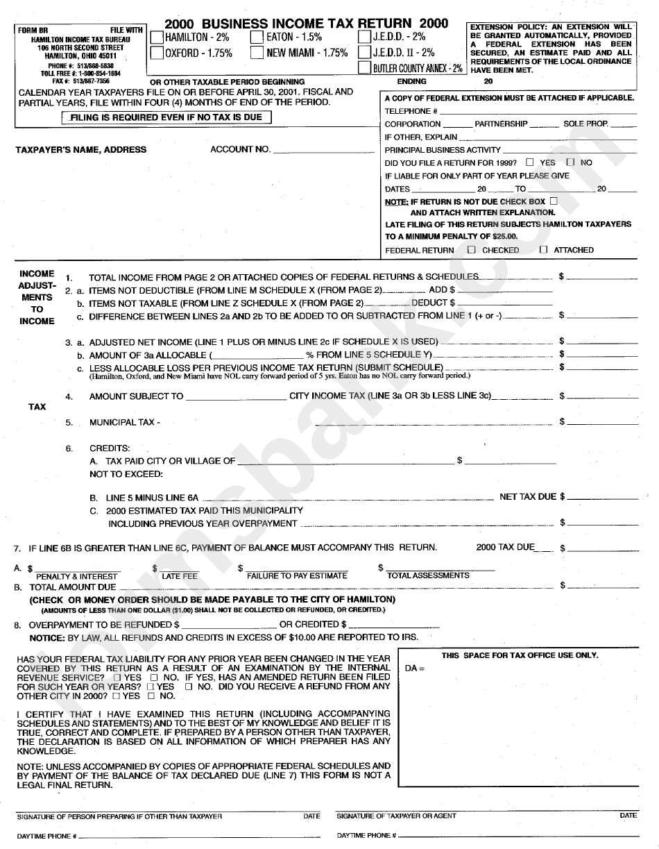 Form Br - Business Income Tax Return - 2000