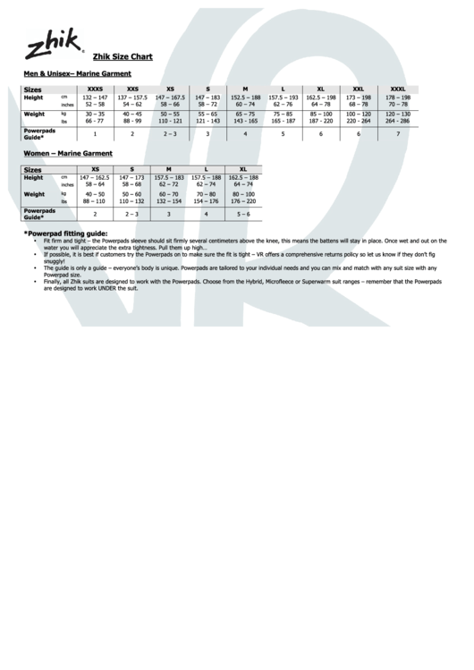 Zhik Size Chart Printable pdf