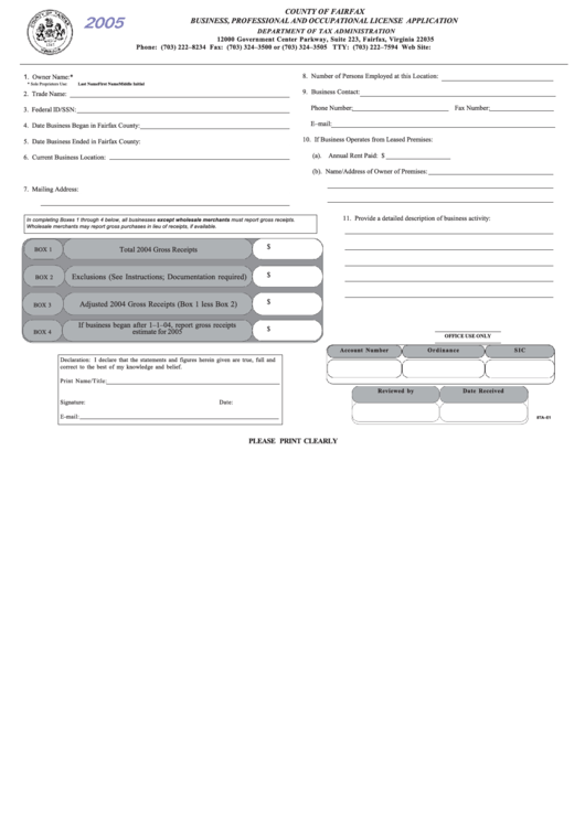 Form 8ta-E1 - Business, Professional And Occupational License Application - 2005 Printable pdf