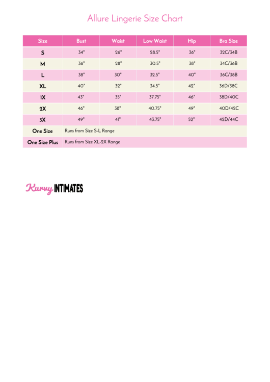 Allure Lingerie Size Chart Printable pdf