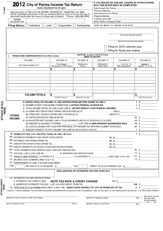 Form P-1040 - City Of Parma Income Tax Return - 2012 Printable pdf