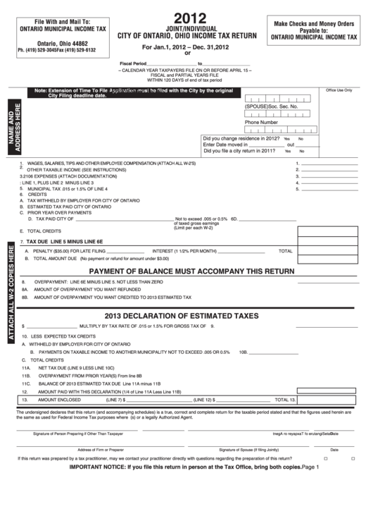 Joint/individual City Of Ontario, Ohio Income Tax Return - 2012 Printable pdf