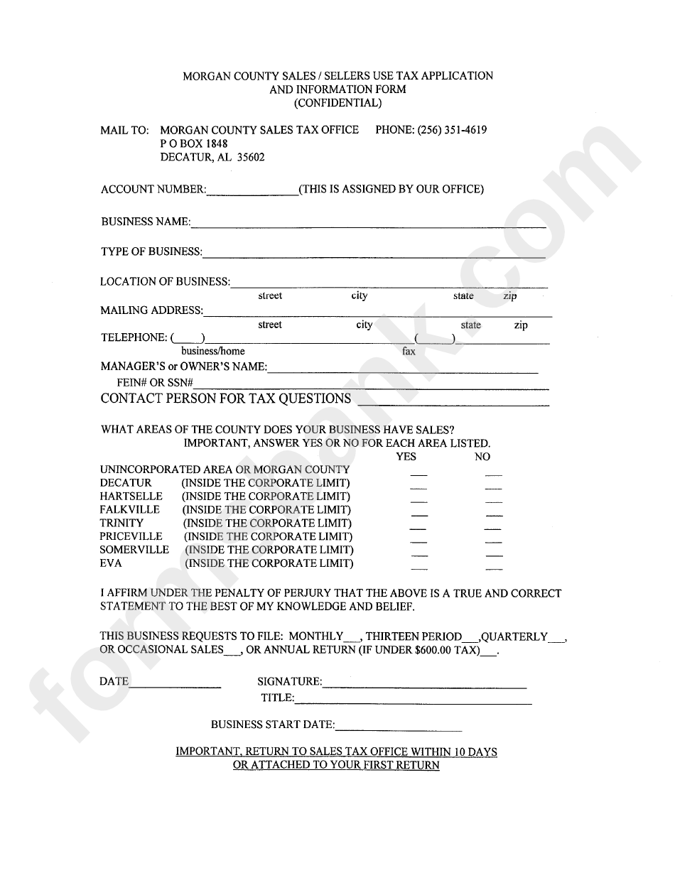 Morgan County Sales / Sellers Use Tax Application And Information Form (Confidential)