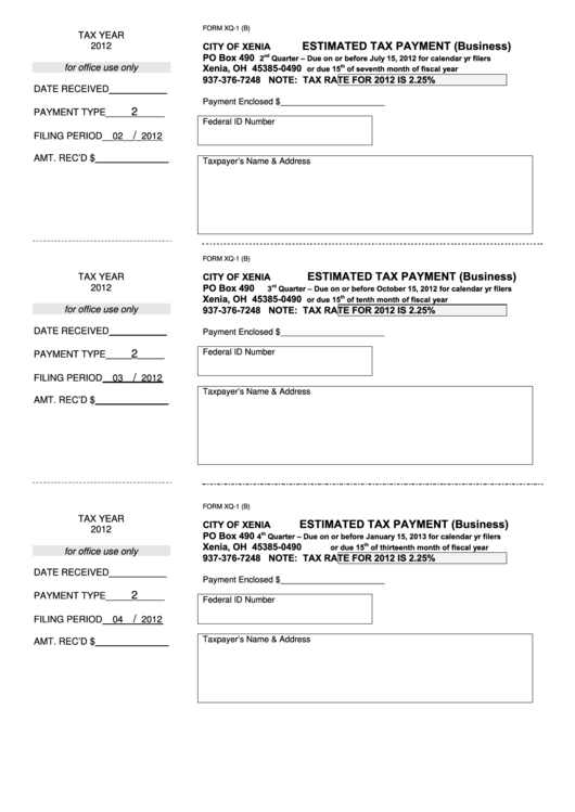 Form Xq-1 (B) - Estimated Tax Payment (Business) - 2012 Printable pdf