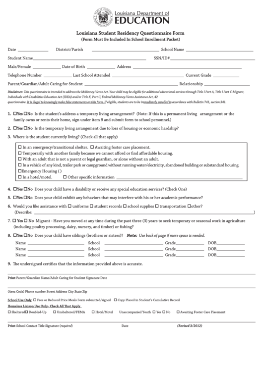 Louisiana Student Residency Questionnaire Form - Louisiana Department Of Education Printable pdf