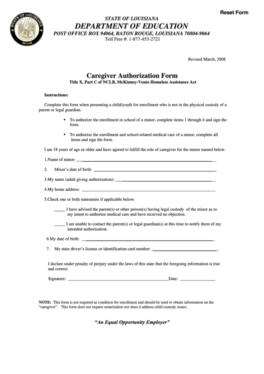 Fillable Caregiver Authorization Form - State Of Louisiana Department Of Education Printable pdf