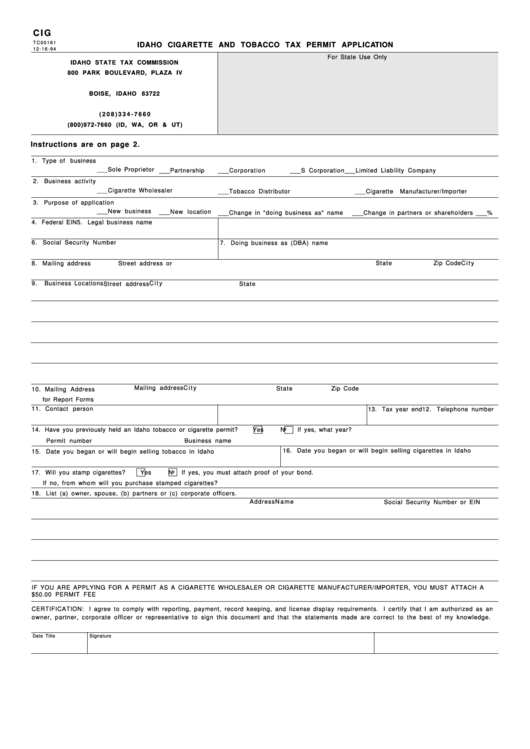 Form Cig Tc00161 - Idaho Cigarette And Tobacco Tax Permit Application Printable pdf