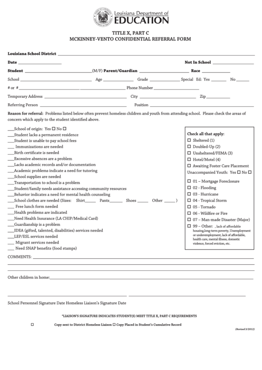 Title X, Part C Mckinney-Vento Confidential Referral Form - Louisiana Department Of Education Printable pdf