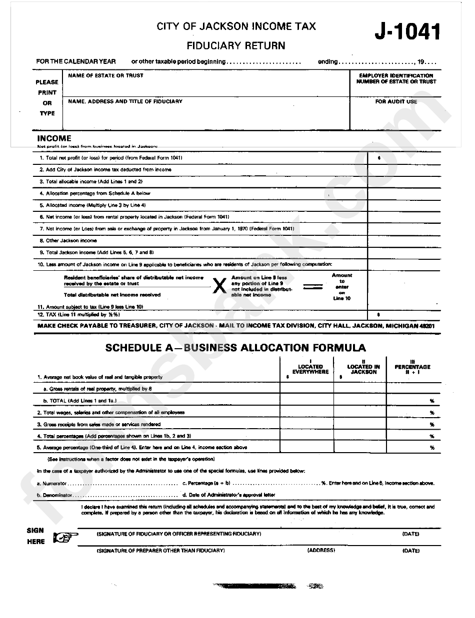 Form J-1041 - City Of Jackson Income Tax Fiduciary Return