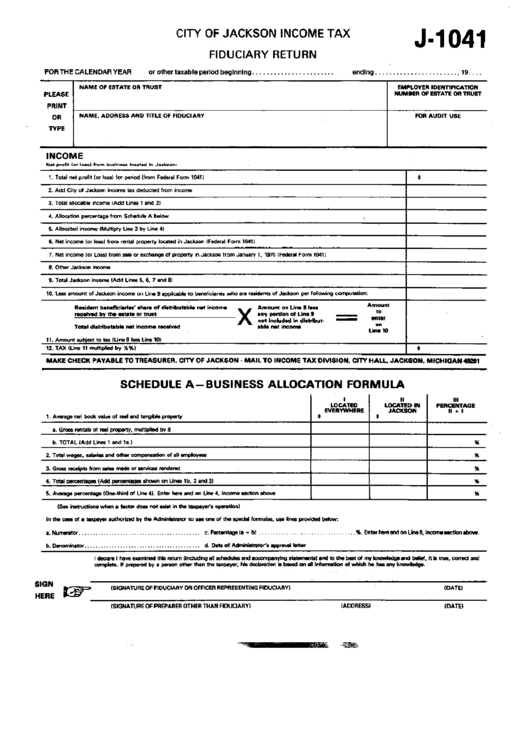 Form J-1041 - City Of Jackson Income Tax Fiduciary Return Printable pdf