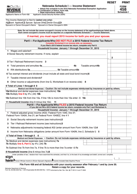 Fillable Form 458 - Nebraska Schedule I - Income Statement - 2016 Printable pdf
