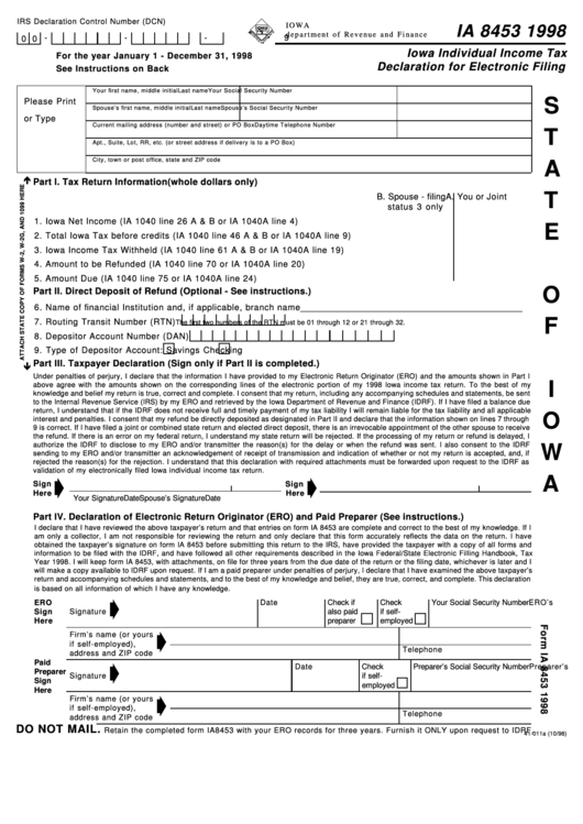 Fillable Form Ia 8453 - Iowa Individual Income Tax Declaration For Electronic Filing - 1998 Printable pdf