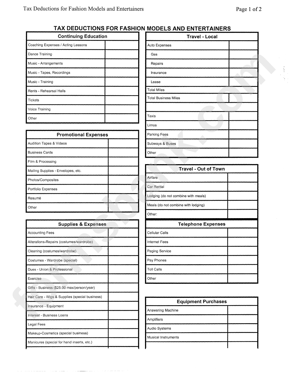 Tax Deductions Sheet For Fashion Models And Entertainers printable pdf