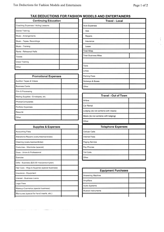 Tax Deductions Sheet For Fashion Models And Entertainers Printable pdf