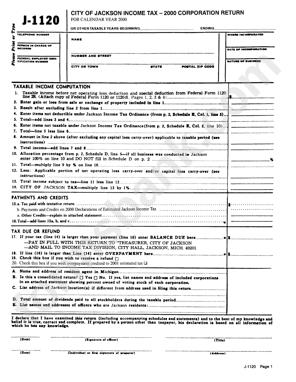 Form J-1120 - City Of Jackson Income Tax - 2000 Corporation Return