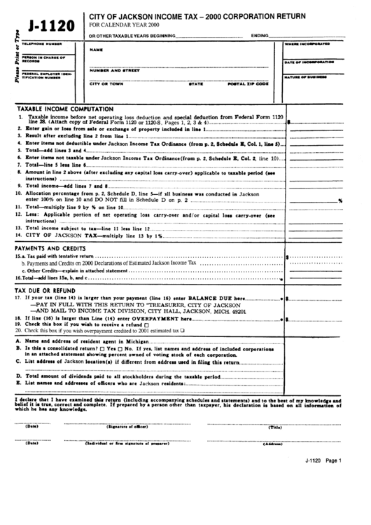 Form J-1120 - City Of Jackson Income Tax - 2000 Corporation Return Printable pdf
