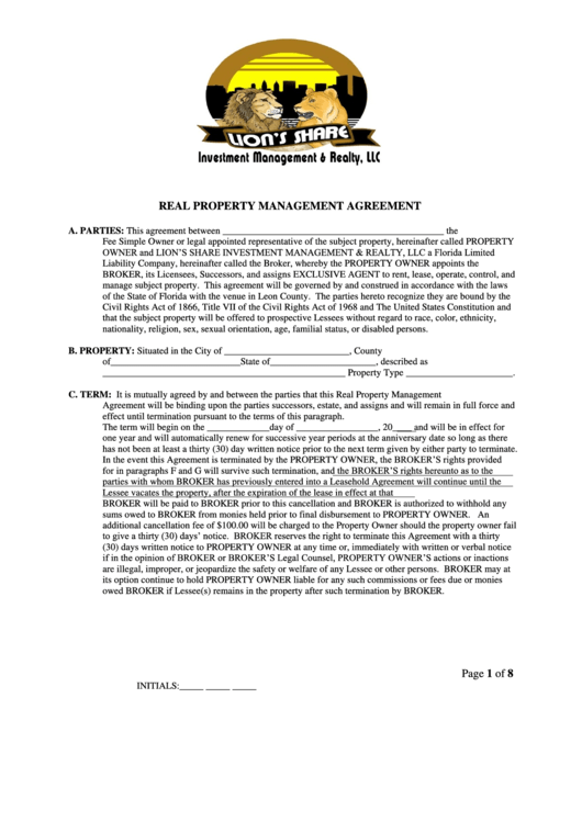 Real Property Management Agreement Printable pdf