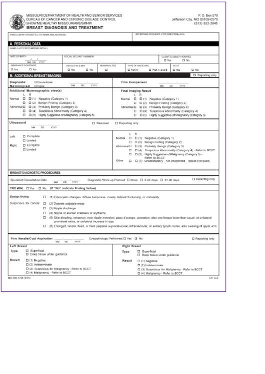 Form Mo 580-1798 - Breast Diagnosis And Treatment - Missouri Department Of Health And Senior Services