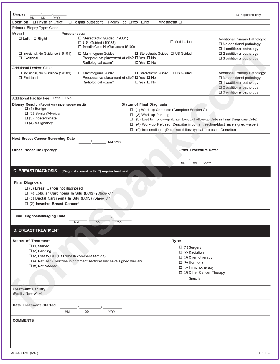 Form Mo 580-1798 - Breast Diagnosis And Treatment - Missouri Department Of Health And Senior Services