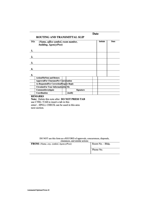 Form 41 - Routing And Transmittal Slip