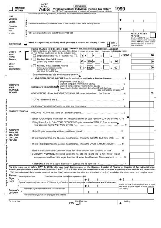 Form 760s Virginia Resident Individual Tax Return 1999