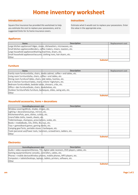 Home Inventory Worksheet Printable pdf