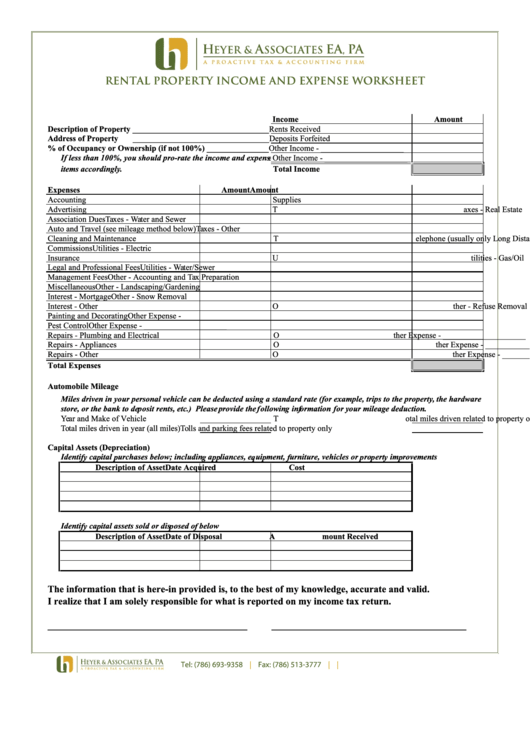 Rental Property Income And Expense Worksheet