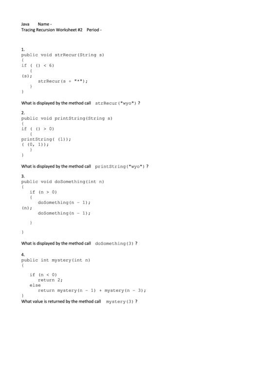 Java Tracing Recursion Worksheet Printable pdf