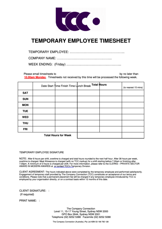 Temporary Employee Timesheet Printable pdf