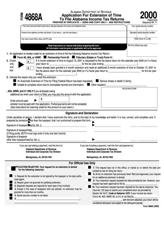 Form 4868a - Application For Extension Of Time To File Alabama Income Tax Returns Printable pdf
