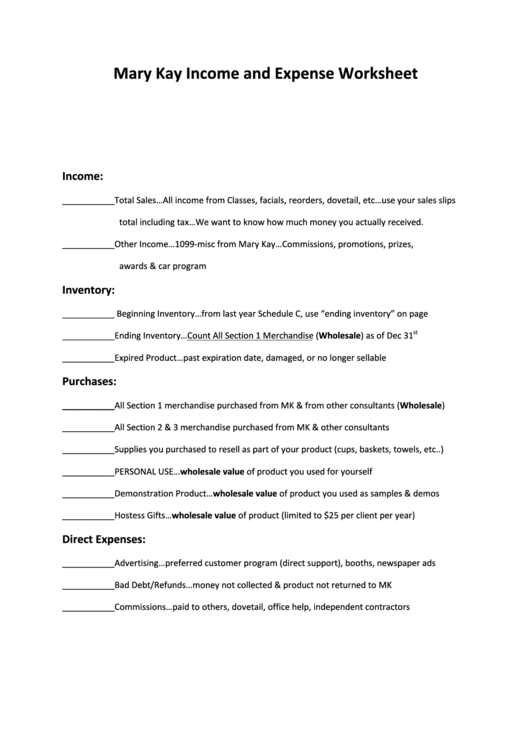 Mary Kay Income And Expense Worksheet Printable pdf